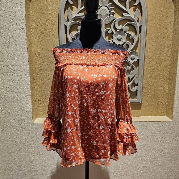 CeCe S Off Shoulder Floral Blouse Ruffle Sleeve Boho Cottagecore Garden Romantic - Picture 3 of 10